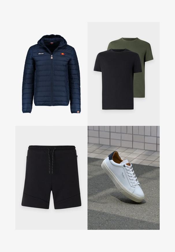 Tengerészkék puffos dzseki kapucnival, cipzáras záródással, csatorna varrással, és logóval díszített mellkassal és ujjakkal. Puha, texturált anyag.; Két crew neck póló fekete és olíva zöld színben, puha pamut anyagból. A design egyszerű, rövid ujjú és egyenes szabású.; Fekete sportnadrág puha anyagból, rugalmas derékkal, zsinórral, és oldalán cipzáras zsebekkel, megerősített varrással.; Fehér bőr sneaker sötétkék sarkúval, kerek orral és kontrasztos barna részletekkel. Lapított fűzőkkel és textúrált gumitalppal rendelkezik.