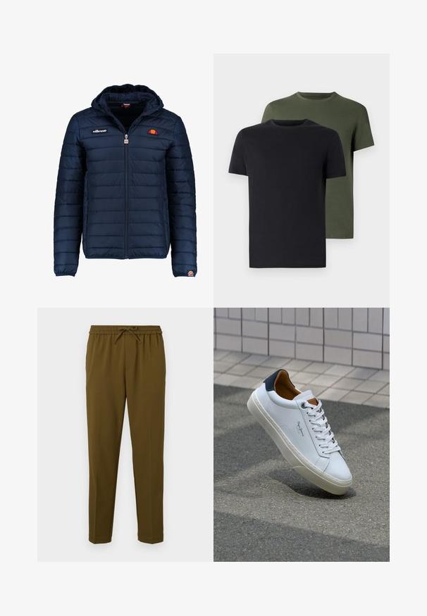 Námořnická modrá péřová bunda s kapucí, zipovým zapínáním, prošívaným vzorem a logem na hrudi a rukávu. Měkká, texturovaná látka.; Dvě trička s kulatým výstřihem v černé a olivově zelené barvě, vyrobená z měkké bavlny. Design je jednoduchý s krátkými rukávy a rovnými střihy.; Olivově zelené, lehké kalhoty s elastickým pasem a nastavitelnou šňůrkou. Mají rovné nohavice a žádné kapsy. Hladká textura.; Bílé kožené tenisky s námořnickým podpatkem, kulatou špičkou a kontrastními hnědými detaily. Obsahují ploché tkaničky a texturovanou gumovou podrážku.