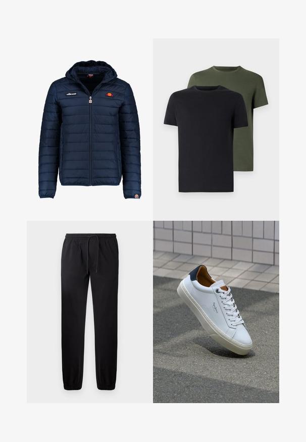 Tengerészkék puffos dzseki kapucnival, cipzáras záródással, csatorna varrással, és logóval díszített mellkassal és ujjakkal. Puha, texturált anyag.; Két crew neck póló fekete és olíva zöld színben, puha pamut anyagból. A design egyszerű, rövid ujjú és egyenes szabású.; Fekete jogger nadrág elasztikus derékrésszel és állítható húzózsinórral. Szűkebb szárakkal és sima anyaggal rendelkezik. Nincsenek látható zsebek vagy minták.; Fehér bőr sneaker sötétkék sarkúval, kerek orral és kontrasztos barna részletekkel. Lapított fűzőkkel és textúrált gumitalppal rendelkezik.