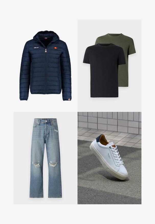 Mornaricnoplava pufasta jakna s kapuljačom, zatvaranje na zip, kanalno šivanje i akcenti s logom na prsima i rukavu. Mekani, teksturirani materijal.; Dva majica s okruglim izrezom u crnoj i maslinastoj boji, napravljena od mekanog pamučnog materijala. Dizajn je jednostavan s kratkim rukavima i ravnim krojem.; Svijetloplave traperice s ravnim krojem. Imaju dva razderana otvora na koljenima i klasično otvaranje s rajsferšlusom i kopčanjem na dugme.; Bijela kožna tenisica s mornarskom petom, okruglim vrhom i kontrastnim smešnim akcentima. Sadrži ravne vezice i teksturiranu gumenu potplat.