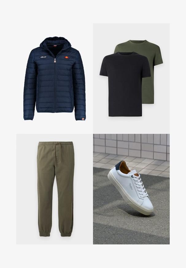 Námornícky modrá prešívaná bunda s kapucňou, zipsom, kanálovým prešívaním a logovými akcentmi na hrudi a rukáve. Mäkkučká, textúrovaná tkanina.; Dvé tričká s okrúhlym výstrihom v čiernej a olivovej zelenej farbe, vyrobené z mäkkej bavlnenej látky. Dizajn je jednoduchý s krátkymi rukávmi a rovný strih.; Olivovo zelené jogger nohavice vyrobené z mäkkého materiálu, s elastickým pásom, sťahovacou šnúrou a elastickými manžetami na členkoch.; Biele kožené tenisky s námorníckym opätkom, okrúhlou špičkou a kontrastnými hnedými akcentami. Majú ploché šnúrky a textúrovanú gumovú podrážku.