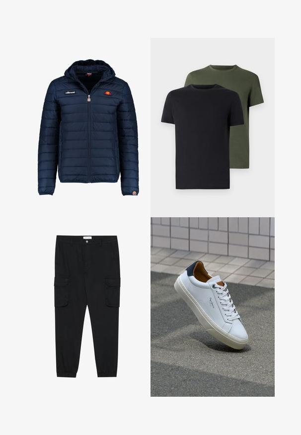 Marineblauwe gewatteerde jas met een capuchon, ritsluiting, kanalenstiksel en logoaccenten op de borst en mouw. Zachte, gestructureerde stof.; Twee crew-neck t-shirts in zwart en olijfgroen, gemaakt van zachte katoen. Het ontwerp is eenvoudig met korte mouwen en een rechte snit.; Zwarte cargobroek met rechte pijpen, elastische boorden en meerdere zijzakken. Gemaakt van een gestructureerde stof met een knoopsluiting.; Witte leren sneaker met een marineblauwe hiel, ronde neus en contrasterende bruin accent. Beschikt over platte veters en een gestructureerde rubberen zool.