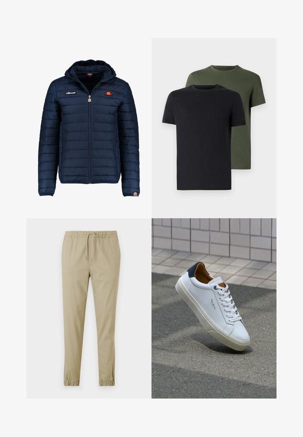 Jachetă puffer de culoare bleumarin, cu glugă, închidere cu fermoar, cusături în canale și detalii cu logo pe piept și pe mânecă. Material moale, texturat.; Două tricouri cu guler rotund, unul negru și unul verde măsliniu, realizate dintr-un material de bumbac moale. Designul este simplu, cu mâneci scurte și tăietură dreaptă.; Pantaloni bej deschis, conici, cu un bandă elastică la talie și șnur. Material din bumbac neted, cu manșete elastice la glezne.; Adidași din piele albă cu călcâi bleumarin, vârf rotund și accente contrastante de culoare maro. Dispun de șireturi plate și talpă din cauciuc texturat.