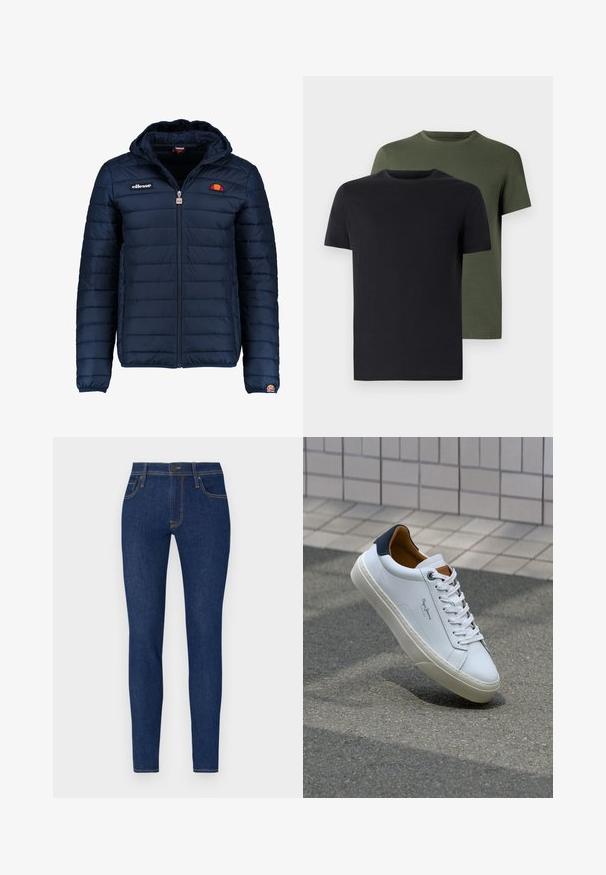 Casaco puffer azul marinho com capuz, fecho de correr, costura em canais e detalhes do logo no peito e na manga. Tecido macio e texturizado.; Duas t-shirts de gola redonda nas cores preto e verde-oliva, feitas de um tecido de algodão suave. O design é simples, com mangas curtas e corte reto.; Jeans slim em denim azul escuro com costura laranja. Apresenta dois bolsos frontais e fecho de botão. Textura suave com um design ajustado.; Sapatilha de couro branco com calcanhar azul marinho, bico redondo e detalhes em castanho contrastantes. Apresenta atacadores planos e sola de borracha texturizada.