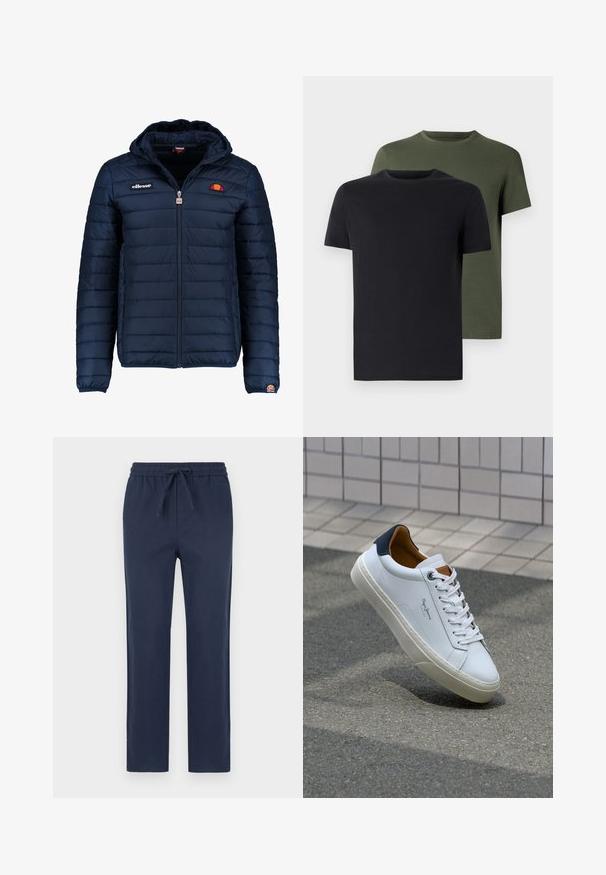 Mørkeblå puffjakke med hætte, lynlåslukning, kanalstyret syning og logo-detaljer på brystet og ærmet. Blødt, struktureret stof.; To stykker crew-neck t-shirts i sort og olivengrøn, lavet af blødt bomuldsstof. Designet er enkelt med korte ærmer og lige skæring.; Mørkeblå elastiske bukser med taljebånd, lige ben-design, glat tekstur og ingen synlige mønstre eller hardware detaljer.; Hvide lædersneakers med en marineblå hæl, rund tå og kontrasterende brune detaljer. Har flade snørebånd og en tekstureret gummisål.