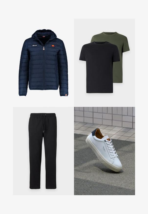 Chaqueta acolchada azul marino con capucha, cierre de cremallera, costuras en canales y acentos de logo en el pecho y la manga. Tejido suave y texturizado.; Dos camisetas de cuello redondo en negro y verde oliva, hechas de suave tela de algodón. El diseño es simple, con mangas cortas y corte recto.; Pantalones de chándal negros hechos de una tela suave, con una cintura elástica y un cordón ajustable, bolsillos laterales y un diseño de pierna recta.; Zapatilla de cuero blanca con talón en azul marino, punta redonda y acentos en marrón a contraste. Presenta cordones planos y suela de goma texturizada.