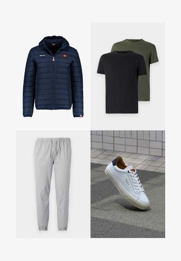 Giubbotto imbottito blu navy con cappuccio, chiusura con zip, cuciture a canale e dettagli con logo sul petto e sulla manica. Tessuto morbido e testurizzato.; Due magliette a girocollo in nero e verde oliva, realizzate in morbido cotone. Il design è semplice, con maniche corte e un taglio dritto.; Pantaloni jogger grigio chiaro realizzati in tessuto morbido, dotati di vita elastica con strings, e polsini affusolati con finitura arricciata.; Sneaker bianca in pelle con tallone blu, punta rotonda e accenti marroni a contrasto. Presenta lacci piatti e suola in gomma testurizzata.