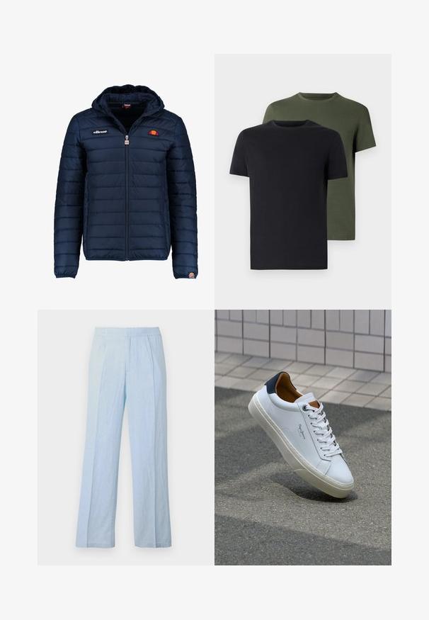 Chaqueta acolchada azul marino con capucha, cierre de cremallera, costuras en canales y acentos de logo en el pecho y la manga. Tejido suave y texturizado.; Dos camisetas de cuello redondo en negro y verde oliva, hechas de suave tela de algodón. El diseño es simple, con mangas cortas y corte recto.; Pantalones de pierna ancha en azul claro, fabricados en un material suave con textura acanalada y cinturilla elástica, con pliegues delanteros y un ajuste relajado.; Zapatilla de cuero blanca con talón en azul marino, punta redonda y acentos en marrón a contraste. Presenta cordones planos y suela de goma texturizada.