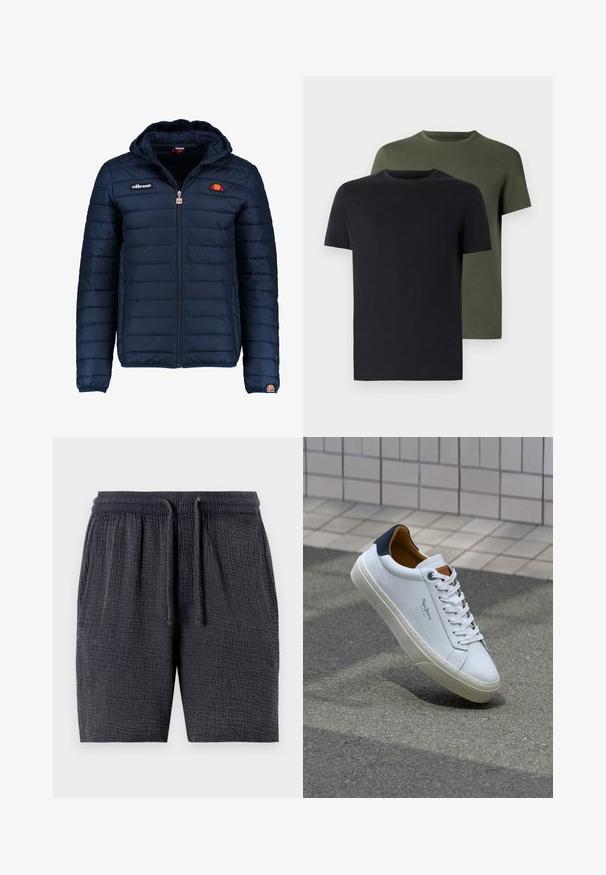 Dunkelblaue Daunenjacke mit Kapuze, Reißverschluss, Kastensteppnähten und Logo-Akzenten auf der Brust und dem Ärmel. Weicher, strukturierter Stoff.; Zwei Rundhals-T-Shirts in Schwarz und Olivgrün, aus weichem Baumwollstoff gefertigt. Das Design ist schlicht mit kurzen Ärmeln und geradem Schnitt.; Dunkelgraue Shorts aus strukturiertem Stoff, mit elastischem Taillenbund und Kordelzug sowie seitlichen Taschen.; Weiße Ledersneaker mit navyfarbenem Fersenbereich, runder Zehenpartie und kontrastierenden braunen Akzenten. Verfügt über flache Schnürsenkel und eine strukturierte Gummisohle.