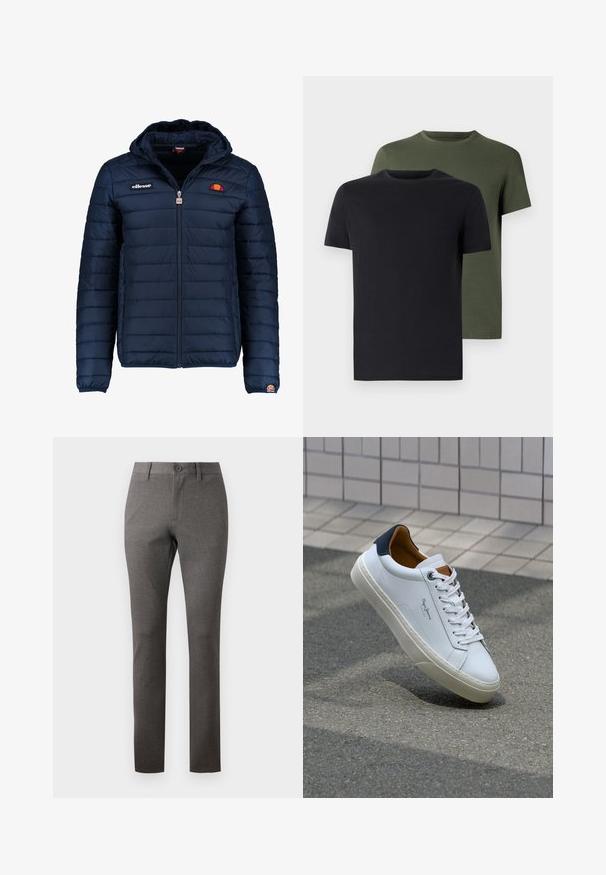 Dunkelblaue Daunenjacke mit Kapuze, Reißverschluss, Kastensteppnähten und Logo-Akzenten auf der Brust und dem Ärmel. Weicher, strukturierter Stoff.; Zwei Rundhals-T-Shirts in Schwarz und Olivgrün, aus weichem Baumwollstoff gefertigt. Das Design ist schlicht mit kurzen Ärmeln und geradem Schnitt.; Graue Hose aus strukturiertem Stoff, mit geradem Schnitt, frontalen Taschen und einem einzigen Knopfverschluss an der Taille.; Weiße Ledersneaker mit navyfarbenem Fersenbereich, runder Zehenpartie und kontrastierenden braunen Akzenten. Verfügt über flache Schnürsenkel und eine strukturierte Gummisohle.