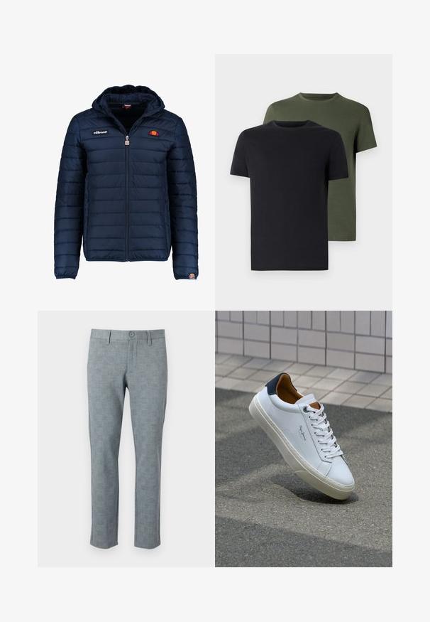 Námořnická modrá péřová bunda s kapucí, zipovým zapínáním, prošívaným vzorem a logem na hrudi a rukávu. Měkká, texturovaná látka.; Dvě trička s kulatým výstřihem v černé a olivově zelené barvě, vyrobená z měkké bavlny. Design je jednoduchý s krátkými rukávy a rovnými střihy.; Šedé vzorované kalhoty s jemným kostkovaným vzorem. Mají zapínání na knoflík a rovný střih, vyrobené z lehké tkaniny.; Bílé kožené tenisky s námořnickým podpatkem, kulatou špičkou a kontrastními hnědými detaily. Obsahují ploché tkaničky a texturovanou gumovou podrážku.