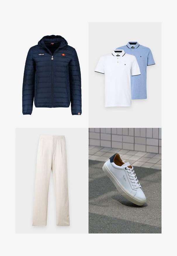 Námořnická modrá péřová bunda s kapucí, zipovým zapínáním, prošívaným vzorem a logem na hrudi a rukávu. Měkká, texturovaná látka.; Dvě polo trička: jedno bílé s černými akcenty, druhé světle modré melírované. Každé má límeček a dvouknoflíkovou nápletu s logem.; Světle béžové kalhoty s širokými nohavicemi vyrobené z texturované tkaniny, s elastickým pasem a dvěma předními záhyby pro zvýraznění detailů.; Bílé kožené tenisky s námořnickým podpatkem, kulatou špičkou a kontrastními hnědými detaily. Obsahují ploché tkaničky a texturovanou gumovou podrážku.