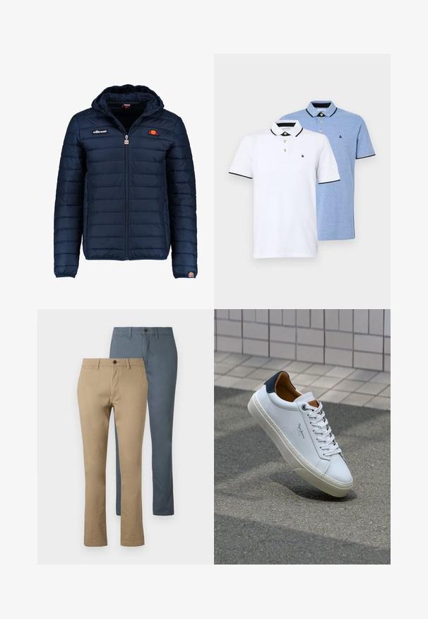 Dunkelblaue Daunenjacke mit Kapuze, Reißverschluss, Kastensteppnähten und Logo-Akzenten auf der Brust und dem Ärmel. Weicher, strukturierter Stoff.; Zwei Poloshirts: eines weiß mit schwarzen Akzenten, das andere hellblau meliert. Jedes Shirt hat einen Kragen und eine Knopfleiste mit zwei Knöpfen sowie ein Logo.; Zwei Paare von geraden Hosen: eine in Khaki und eine in Dunkelblau. Aus Baumwolle gefertigt; mit einem Taillenbund und Knopfverschluss.; Weiße Ledersneaker mit navyfarbenem Fersenbereich, runder Zehenpartie und kontrastierenden braunen Akzenten. Verfügt über flache Schnürsenkel und eine strukturierte Gummisohle.