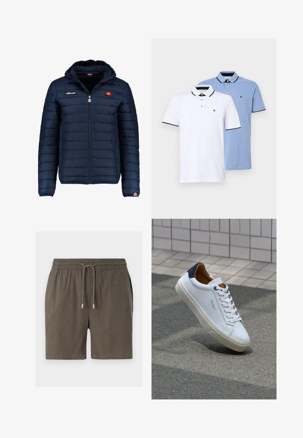 Marineblå puffjakke med hette, glidelås, kanalsøm og logoaksenter på brystet og ermet. Mykt, teksturert stoff.; To polo-shirts: en hvit med svarte detaljer og en lys blå heather. Hver av dem har krage og to-knapps placket med logo.; Mørkegrønne shorts med elastisk midjebånd, snor i lukningen, og en glat, lett tekstur. Ingen synlige lommer eller mønstre.; Hvit lærsneaker med marineblå hæl, rund tå og kontrasterende brune detaljer. Har flate lisser og teksturert gummisåle.