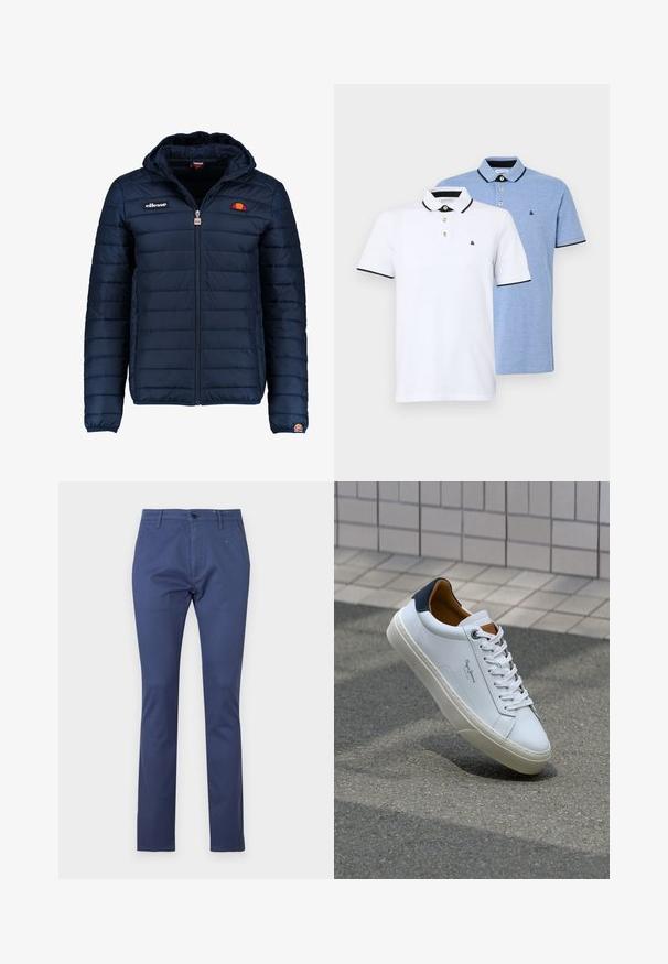 Tengerészkék puffos dzseki kapucnival, cipzáras záródással, csatorna varrással, és logóval díszített mellkassal és ujjakkal. Puha, texturált anyag.; Két póló: az egyik fehér fekete kiegészítőkkel, a másik világoskék melírozott. Mindkettő gallérral és két gombos gombolással rendelkezik, logo-val.; Sötétkék pamut nadrág, egyenes láb kialakítással, elülső zsebekkel, gombos zárással és finom varrási részletekkel.; Fehér bőr sneaker sötétkék sarkúval, kerek orral és kontrasztos barna részletekkel. Lapított fűzőkkel és textúrált gumitalppal rendelkezik.