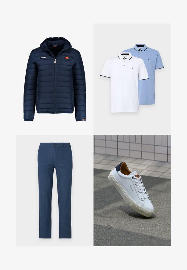 Giubbotto imbottito blu navy con cappuccio, chiusura con zip, cuciture a canale e dettagli con logo sul petto e sulla manica. Tessuto morbido e testurizzato.; Due polo shirt: uno bianco con dettagli neri, l'altro in blu chiaro melange. Ognuno presenta un colletto e una chiusura a due bottoni con logo.; Pantaloni blu navy realizzati in un tessuto leggero, con taglio dritto, patta con zip, chiusura a bottone e tasche laterali.; Sneaker bianca in pelle con tallone blu, punta rotonda e accenti marroni a contrasto. Presenta lacci piatti e suola in gomma testurizzata.