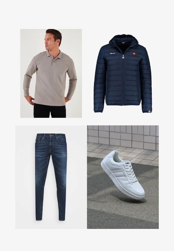 Tengerészkék puffos dzseki kapucnival, cipzáras záródással, csatorna varrással, és logóval díszített mellkassal és ujjakkal. Puha, texturált anyag.; Hosszú ujjú szürke polo ing, textúrált anyagból készült, gallérral és két gombbal, fekete nadrággal párosítva.; Sötétkék farmernadrág, testhezálló fazonnal, finom áttűnéssel, öt zsebbel és fémből készült gombzárral. Kontrasztos színű varrási díszítések.; Fehér sportcipő sima bőr felsőrésszel, fűzős elülettel, perforált orral és mintázott talppal. Minimalista dizájn három oldalsávval.