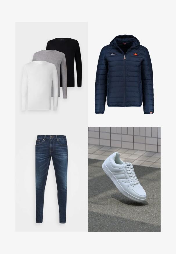 Marineblauwe gewatteerde jas met een capuchon, ritsluiting, kanalenstiksel en logoaccenten op de borst en mouw. Zachte, gestructureerde stof.; Set van vijf langemouwen T-shirts: zwart, wit, grijs. Gemaakt van katoen, met ronde hals en eenvoudige ontwerpen, ongekunsteld.; Donkerblauwe denim jeans met een slim fit, subtiele vervaging, vijf zakken en een metalen knoopsluiting. Gestikte accenten in contrasterende kleur.; Witte sportsneaker met een glad leren bovenwerk, vetersluiting aan de voorkant, geperforeerde neus en een geprofileerde zool. Minimalistisch ontwerp met drie zijstrepen.