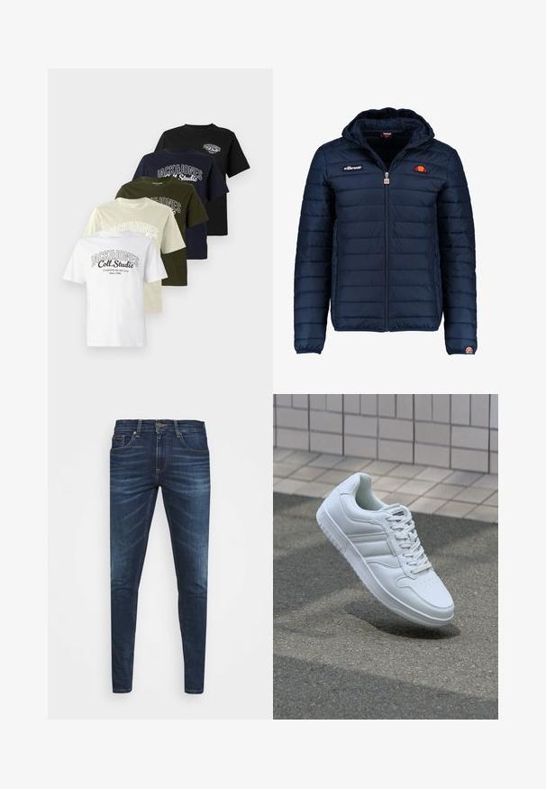 Navy blue puffer jacket with a hood, zip closure, channel stitching, and logo accents on the chest and sleeve. Soft, textured fabric.; Five t-shirts in a row: white, beige, olive, navy, and black. Each has a logo featuring "JACK&JONES" and a round neck design.; Dark blue denim jeans with a slim fit, subtle fade, five pockets, and a metal button closure. Stitched accents in contrasting color.; White athletic sneaker with smooth leather upper, lace-up front, perforated toe, and patterned sole. Minimalist design with three side stripes.