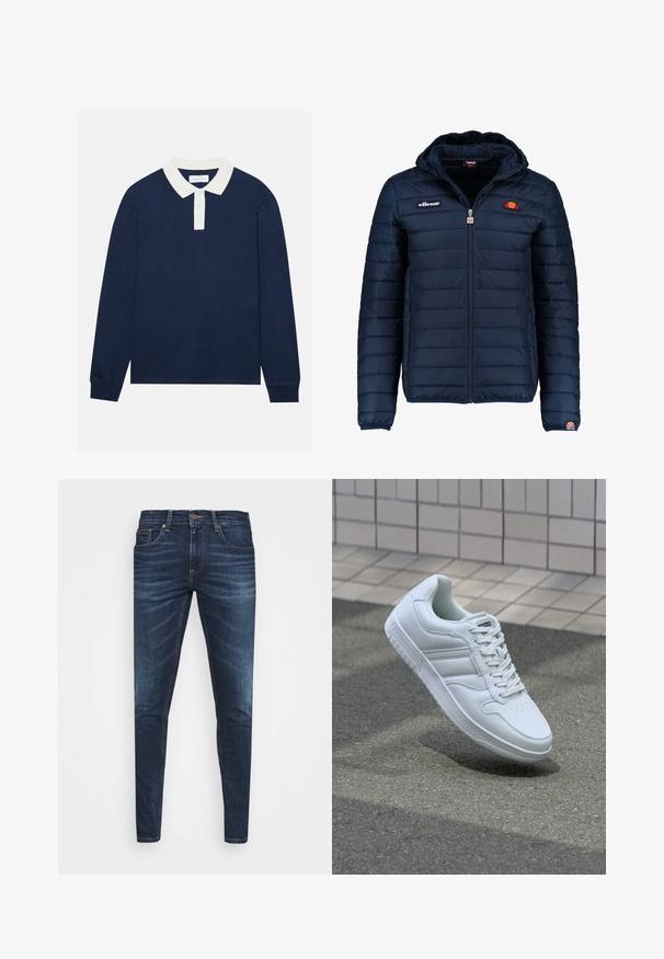 Námornícky modrá prešívaná bunda s kapucňou, zipsom, kanálovým prešívaním a logovými akcentmi na hrudi a rukáve. Mäkkučká, textúrovaná tkanina.; Námornícka polos tričko s dlhým rukávom, bielym ribovaným golierom a trojbuttonovým zapínaním. Mäkká textúra, rovný strih lemovania a ribované manžety.; Tmavomodré džíny s úzkym strihom, jemným opotrebovaním, piatimi vreckami a kovovým zapínaním. Šité akcenty v kontrastnej farbe.; Biele atletické tenisky s hladkým koženým zvrškom, šnurovaním vpredu, perforovanou špičkou a vzorovanou podrážkou. Minimalistický dizajn s tromi bočnými pruhmi.