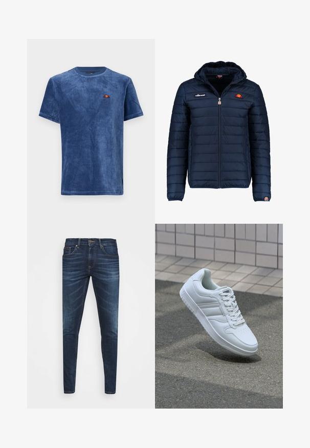 Navy blue puffer jacket with a hood, zip closure, channel stitching, and logo accents on the chest and sleeve. Soft, textured fabric.; Blue corduroy crew-neck t-shirt with short sleeves. Features a small logo on the chest. Soft texture with vertical ribbed pattern.; Dark blue denim jeans with a slim fit, subtle fade, five pockets, and a metal button closure. Stitched accents in contrasting color.; White athletic sneaker with smooth leather upper, lace-up front, perforated toe, and patterned sole. Minimalist design with three side stripes.