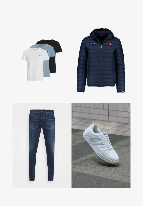 Mørkeblå puffjakke med hætte, lynlåslukning, kanalstyret syning og logo-detaljer på brystet og ærmet. Blødt, struktureret stof.; Tre kortærmede t-shirts i hvid, lyseblå og sort, lavet af bomuld. Hver af dem har et lille logo på venstre brystområde.; Mørkeblå denim jeans med slim fit, subtil falming, fem lommer og metalknaplukning. Syede detaljer i kontrastfarve.; Hvide atletiske sneakers med glat læderoverdel, snørelukning foran, perforeret tå og mønstret sål. Minimalistisk design med tre sidelister.