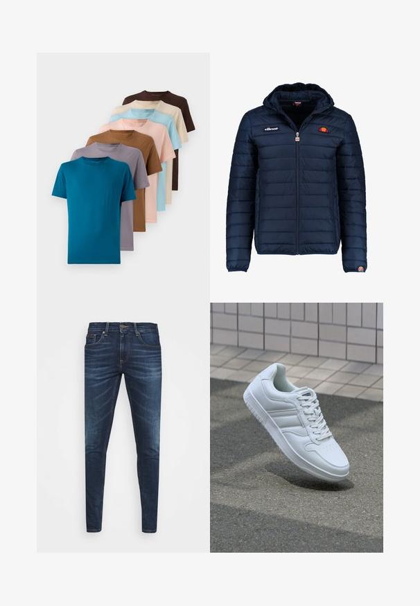 Marineblå puffjakke med hette, glidelås, kanalsøm og logoaksenter på brystet og ermet. Mykt, teksturert stoff.; Sett med åtte t-skjorter med rund hals i forskjellige farger: teal, brun, beige, lys blå, lys rosa, grå og lavendel, laget av glatt stoff.; Mørkeblå denimjeans med smal passform, subtil falming, fem lommer og metallknaplukking. Sømmer i kontrastfarge.; Hvit atletisk sneaker med glatt skinnoverside, snøring foran, perforert tå og mønstrets såle. Minimalistisk design med tre side-striper.