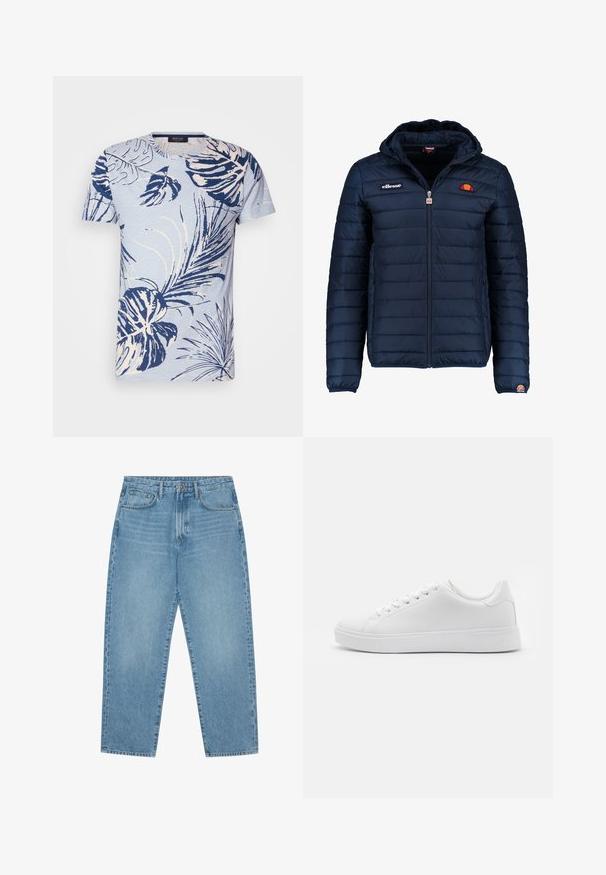 Tumedat sinised puffer jakk kapuutsiga, lukuga suletav, kanalite õmblustega ning logo aktsentidega rinnal ja varrukal. Pehme, tekstuuriga kangas.; Heledad sinistee särk lühikeste varrukatega, millel on valge ja tumesinise värviga troopilised lehed. Ümar kaelus, pehme tekstuur, mugav lõige ja nähtavat riistvara pole.; Hele sinised teksapüksid sirge säärega, viie taskuga disain ja kergelt tuhmunud tekstuuriga. Varustatud nupuga ja luku sulgemisega.; Valged jooksujalanõud sileda sünteetilise ülaosa, ümmarguse nina, kuue aukuga paelte jaoks ja madala profiiliga kummist talla, millel on tekstuuritud üksikasjad.