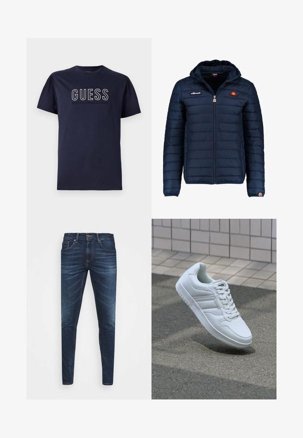 Tums zilā puffer jaka ar kapuci, rāvējslēdzēja aizdare, kanālu šuvēm un logotipa akcentiem uz krūtīm un piedurknēm. Mīksta, teksturēta auduma.; Tumši zils kokvilnas T-krekls ar īsām piedurknēm, ar izcelto "GUESS" logotipu un tekstu "CLASSIC AMERICAN STYLE" baltā un pelēkā krāsā. Vienkāršs dizains.; Tumši zili džinsi ar šauru piegriezumu, ar vieglu izbalēšanu, piecām kabatām un metalizētu pogu aizdari. Šuvju akcenti kontrastējošā krāsā.; Balti sporta apavi ar gludu ādas virsu, sasienamais priekšpuse, perforēts purngals un rakstaina zole. Minimālisma dizains ar trim sānu svītrām.