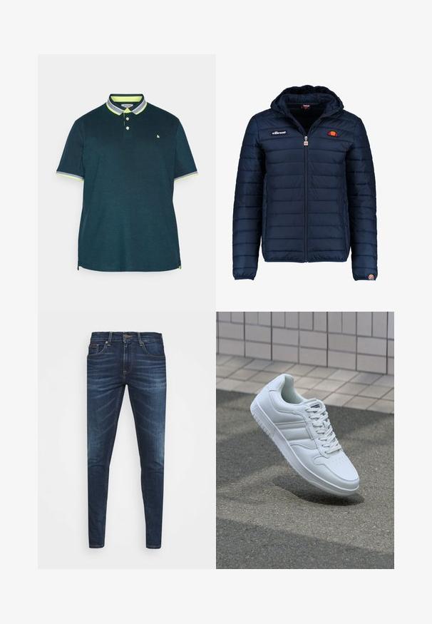 Mørkeblå puffjakke med hætte, lynlåslukning, kanalstyret syning og logo-detaljer på brystet og ærmet. Blødt, struktureret stof.; Mørkeblå polo T-shirt med en to-knap lukning. Har kontrastfarvet neongrøn krave og ærmeaccent. Blødt stof med en klassisk pasform.; Mørkeblå denim jeans med slim fit, subtil falming, fem lommer og metalknaplukning. Syede detaljer i kontrastfarve.; Hvide atletiske sneakers med glat læderoverdel, snørelukning foran, perforeret tå og mønstret sål. Minimalistisk design med tre sidelister.