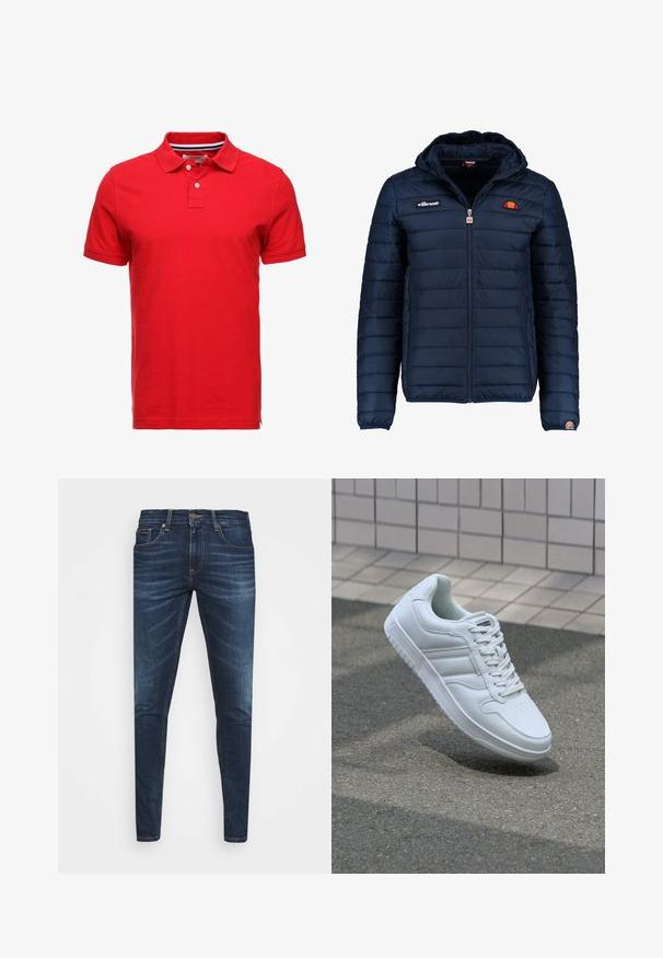 Dunkelblaue Daunenjacke mit Kapuze, Reißverschluss, Kastensteppnähten und Logo-Akzenten auf der Brust und dem Ärmel. Weicher, strukturierter Stoff.; Rotes Baumwoll-Polohemd mit Kragen, ausgestattet mit zwei Knöpfen und einem gestreiften Innenkragen. Kurze Ärmel und ein Standard-Fit-Design.; Dunkelblaue Jeans im Slim Fit mit subtiler Verwaschung, fünf Taschen und einem Metallknopfverschluss. Genähte Akzente in kontrastierender Farbe.; Weiße sportliche Sneaker mit Obermaterial aus glattem Leder, Schnürfront, durchlöchtem Zehenbereich und gemusterter Sohle. Minimalistisches Design mit drei Seitenstreifen.