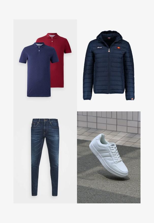 Mørkeblå puffjakke med hætte, lynlåslukning, kanalstyret syning og logo-detaljer på brystet og ærmet. Blødt, struktureret stof.; To korteærmede polo skjorter, en mørkerød ensfarvet og en marineblå med hvid lodret prikkemønster, begge med knaplukning og kraver.; Mørkeblå denim jeans med slim fit, subtil falming, fem lommer og metalknaplukning. Syede detaljer i kontrastfarve.; Hvide atletiske sneakers med glat læderoverdel, snørelukning foran, perforeret tå og mønstret sål. Minimalistisk design med tre sidelister.