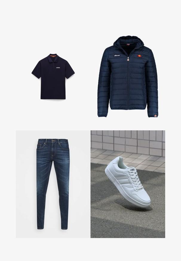 Casaco puffer azul marinho com capuz, fecho de correr, costura em canais e detalhes do logo no peito e na manga. Tecido macio e texturizado.; Camisa polo azul-marinho, feita de um tecido com uma textura suave. Apresenta um colarinho clássico, mangas curtas e um pequeno logótipo na parte da frente.; Jeans de ganga azul escura com um corte slim, desbotamento suave, cinco bolsos e fecho com botão de metal. Detalhes costurados em cor contrastante.; Sapatilha desportiva branca com parte superior em couro liso, frente com atacadores, bico perfurado e sola padronizada. Design minimalista com três riscas laterais.