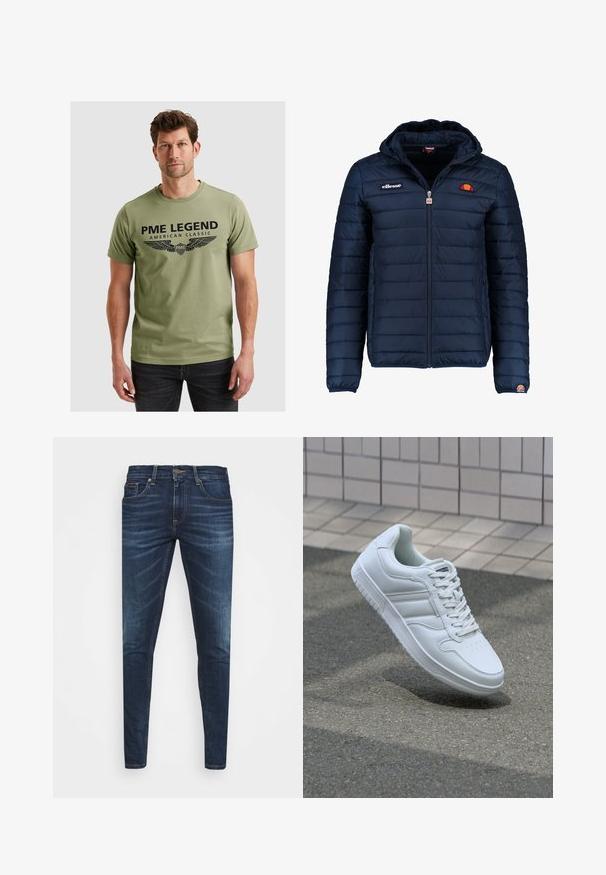Námořnická modrá péřová bunda s kapucí, zipovým zapínáním, prošívaným vzorem a logem na hrudi a rukávu. Měkká, texturovaná látka.; Olivově zelené bavlněné tričko s krátkým rukávem. Obsahuje přední potisk: "PME LEGEND" a design křídel. Kulatý výstřih a standardní střih.; Tmavě modré džíny z denimu s úzkým střihem, jemným vyblednutím, pěti kapsami a kovovým zapínáním na knoflík. Šité akcenty v kontrastní barvě.; Bílé sportovní tenisky s hladkým koženým svrškem, šněrovacím předním dílem, perforovanou špičkou a vzorovanou podrážkou. Minimalistický design se třemi bočními pruhy.