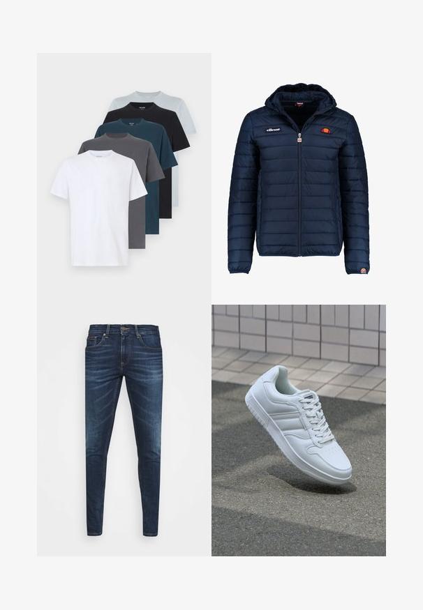 Jachetă puffer de culoare bleumarin, cu glugă, închidere cu fermoar, cusături în canale și detalii cu logo pe piept și pe mânecă. Material moale, texturat.; Set de șase tricouri cu guler rotund în culori variate: alb, albastru deschis, gri închis, teal, bleumarin și negru. Țesătură moale din bumbac cu mâneci scurte.; Jeans din denim de culoare albastră închisă, cu o croială slim, ușor decolorate, cinci buzunare și închidere cu buton metalic. Detalii cusute în culori contrastante.; Adidași albi pentru sport cu superior din piele netedă, sistem de șireturi în față, vârf perforat și talpă cu model. Design minimalist cu trei dungi laterale.