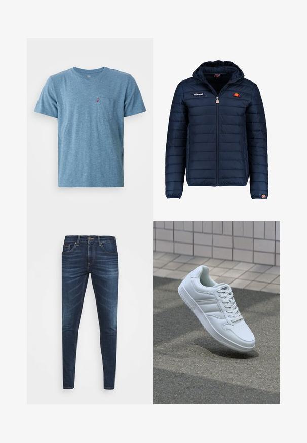 Temno modra napihnjena jakna s kapuco, z zadrgo, kanalnim šivom in logotipom na prsih in rokavu. Mehka, teksturirana tkanina.; Modra kratkolasna majica iz mehkega heather tkanja z zaobljenim izrezom in žepom na prsih; vsebuje majhen rdeč logotip na žepu.; Temno modri kavbojke ozkega kroja, s subtilnim bledenjem, petimi žepi in kovinskim zapiranjem na gumb. Oštrikanje z akcenti v kontrastni barvi.; Bela atletska teniska obutev z gladkim usnjenim zgornjim delom, vezanjem spredaj, perforiranim prstom in vzorčastim podplatom. Minimalistična zasnova s tremi stranskimi črtami.