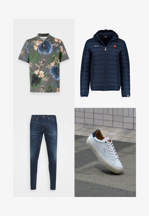 Tums zilā puffer jaka ar kapuci, rāvējslēdzēja aizdare, kanālu šuvēm un logotipa akcentiem uz krūtīm un piedurknēm. Mīksta, teksturēta auduma.; Polo krekls īsām piedurknēm pelēkā krāsā ar košiem ziedu un lapu rakstiem zilā, zaļā un bēšā krāsā. Iekļauj pretstatā esošu apkakli un pogu rindu.; Tumši zili džinsi ar šauru piegriezumu, ar vieglu izbalēšanu, piecām kabatām un metalizētu pogu aizdari. Šuvju akcenti kontrastējošā krāsā.; Baltas ādas čības ar tumši zilu papēdi, apaļu purngalu un kontrastējošām brūnām detaļām. Aprīkotas ar plakanu auklu un struktūrētu gumijas zoli.