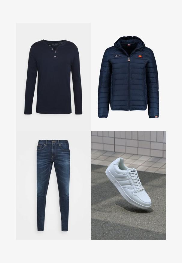 Navy blue puffer jacket with a hood, zip closure, channel stitching, and logo accents on the chest and sleeve. Soft, textured fabric.; Navy long-sleeve henley shirt in soft cotton fabric, featuring a round neckline, three-button placket, and straight cut.; Dark blue denim jeans with a slim fit, subtle fade, five pockets, and a metal button closure. Stitched accents in contrasting color.; White athletic sneaker with smooth leather upper, lace-up front, perforated toe, and patterned sole. Minimalist design with three side stripes.
