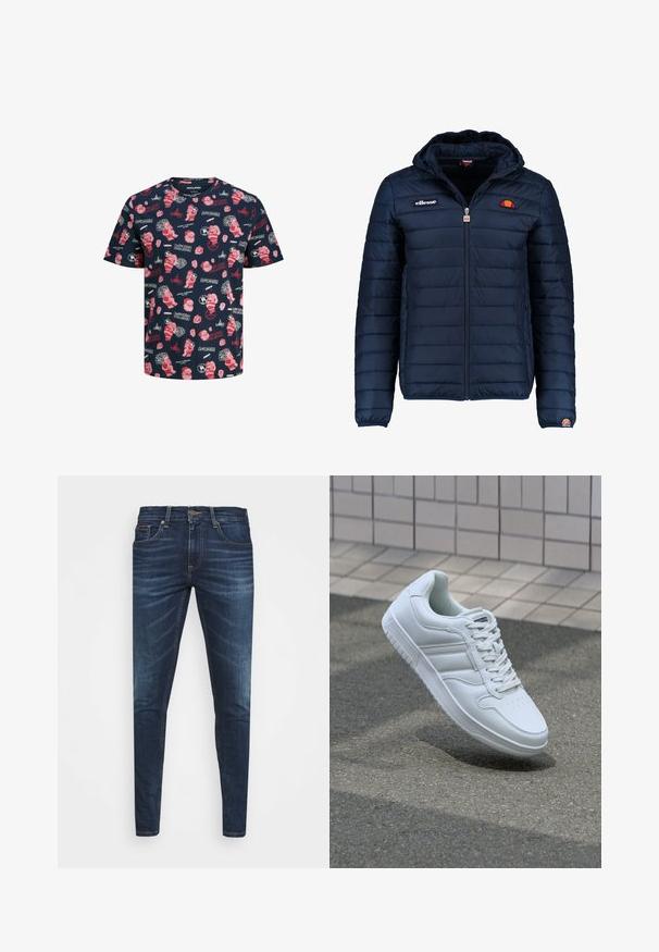 Tumedat sinised puffer jakk kapuutsiga, lukuga suletav, kanalite õmblustega ning logo aktsentidega rinnal ja varrukal. Pehme, tekstuuriga kangas.; Lühikeste varrukatega tumesinine T-särk, millel on punased ja valged jõuluteemalised prindid, sealhulgas Jõuluvana, kingitused ja pühade tekst erinevates disainides.; Tumedat sinised teksad kitsas lõikes, kerge kulumisega, viie taskuga ja metallnööbiga sulgemine. Õmmeldud aktsendid kontrastsetes värvides.; Valge spordijalanõud silederja nahkvarrega, ninast paeltega, perforatsiooni tõttu ventilatsiooniga ning mustrilise tallaga. Minimalistlik disain, millel on kolm külgmist triipu.