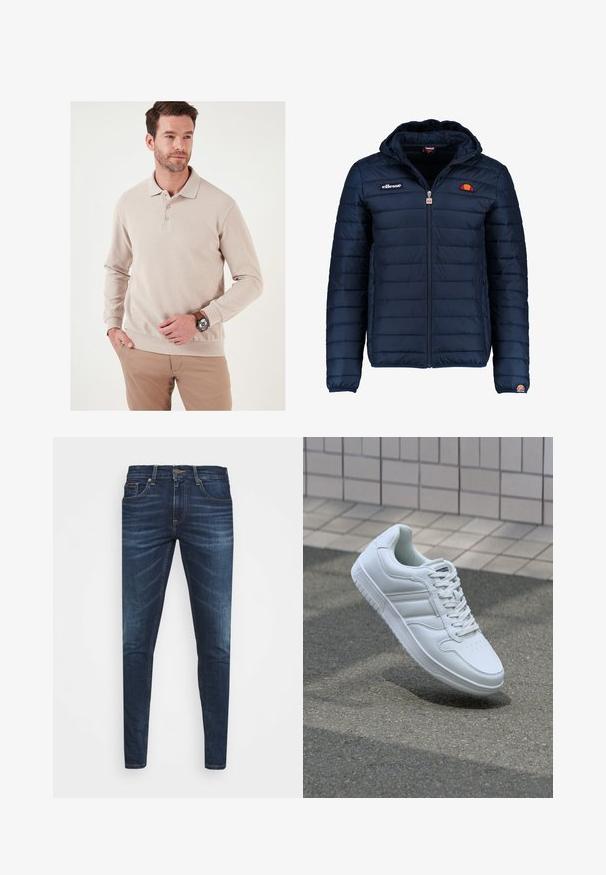 Tengerészkék puffos dzseki kapucnival, cipzáras záródással, csatorna varrással, és logóval díszített mellkassal és ujjakkal. Puha, texturált anyag.; Beige színű, hosszú ujjú polo póló bordázott textúrával, három gombos záródással és passzoló alsó résszel. Világos színű nadrággal és órával viselve.; Sötétkék farmernadrág, testhezálló fazonnal, finom áttűnéssel, öt zsebbel és fémből készült gombzárral. Kontrasztos színű varrási díszítések.; Fehér sportcipő sima bőr felsőrésszel, fűzős elülettel, perforált orral és mintázott talppal. Minimalista dizájn három oldalsávval.