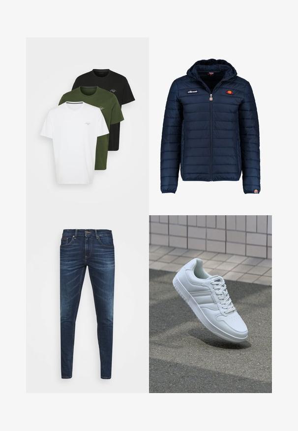 Námořnická modrá péřová bunda s kapucí, zipovým zapínáním, prošívaným vzorem a logem na hrudi a rukávu. Měkká, texturovaná látka.; Tři trička s krátkým rukávem v bílé, olivově zelené a černé barvě. Každé má kulatý výstřih a malé logo na hrudi. Vyrobeno z bavlny.; Tmavě modré džíny z denimu s úzkým střihem, jemným vyblednutím, pěti kapsami a kovovým zapínáním na knoflík. Šité akcenty v kontrastní barvě.; Bílé sportovní tenisky s hladkým koženým svrškem, šněrovacím předním dílem, perforovanou špičkou a vzorovanou podrážkou. Minimalistický design se třemi bočními pruhy.