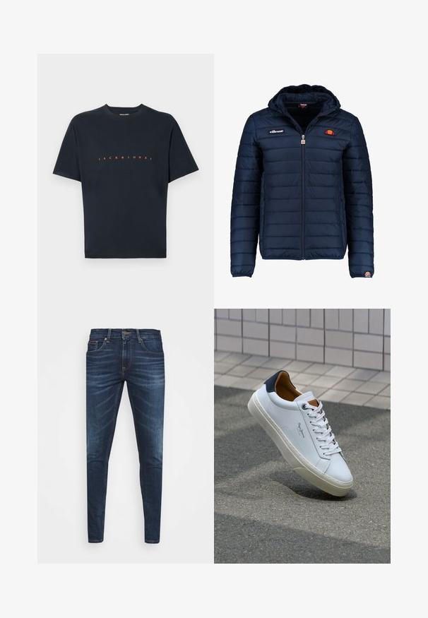Námořnická modrá péřová bunda s kapucí, zipovým zapínáním, prošívaným vzorem a logem na hrudi a rukávu. Měkká, texturovaná látka.; Černé bavlněné tričko s krátkým rukávem a kulatým výstřihem. Na přední straně je výrazný nápis "JACK & JONES" v oranžové barvě. Hladká textilie.; Tmavě modré džíny z denimu s úzkým střihem, jemným vyblednutím, pěti kapsami a kovovým zapínáním na knoflík. Šité akcenty v kontrastní barvě.; Bílé kožené tenisky s námořnickým podpatkem, kulatou špičkou a kontrastními hnědými detaily. Obsahují ploché tkaničky a texturovanou gumovou podrážku.