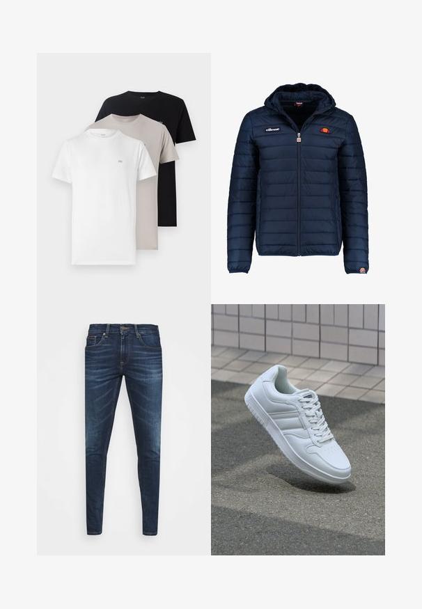Granatowa kurtka puchowa z kapturem, zapinana na zamek, z przeszyciami w kształcie kanałów oraz akcentami loga na piersi i rękawie. Miękka, teksturowana tkanina.; Trzy koszulki z okrągłym dekoltem w kolorze białym, beżowym i czarnym, wykonane z miękkiego bawełnianego materiału, z małym logo na klatce piersiowej w każdym kolorze.; Granatowe dżinsy o slim fit, delikatnym wyblaknięciu, pięciu kieszeniach i metalowym zapięciem. Haftowane akcenty w kontrastowym kolorze.; Białe sportowe trampki z gładkiej skóry, z zapięciem na sznurowadła, perforowanym noskiem i wzorzystą podeszwą. Minimalistyczny design z trzema paskami po bokach.