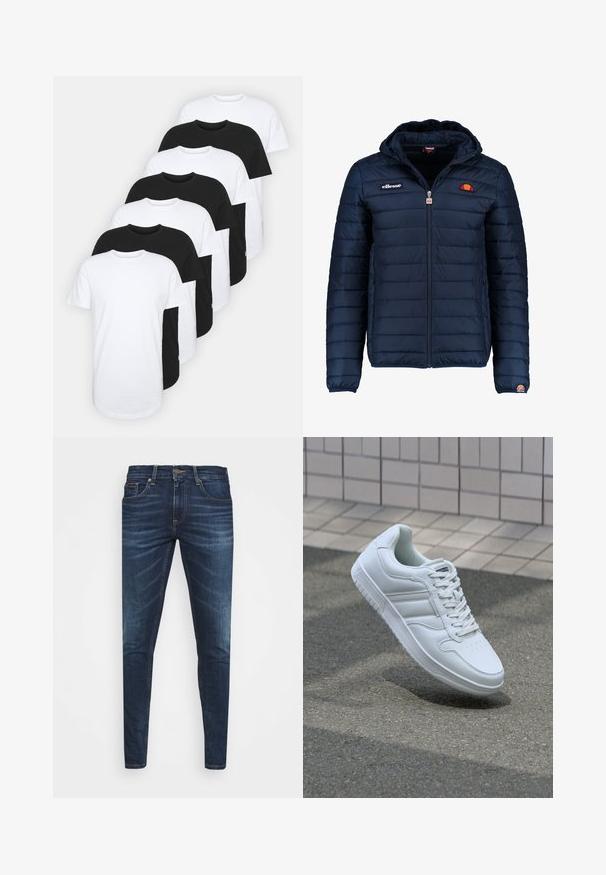 Casaco puffer azul marinho com capuz, fecho de correr, costura em canais e detalhes do logo no peito e na manga. Tecido macio e texturizado.; Conjunto de oito t-shirts de gola redonda em preto e branco. Material de algodão, mangas curtas, ajuste padrão, textura suave, com detalhe de etiqueta.; Jeans de ganga azul escura com um corte slim, desbotamento suave, cinco bolsos e fecho com botão de metal. Detalhes costurados em cor contrastante.; Sapatilha desportiva branca com parte superior em couro liso, frente com atacadores, bico perfurado e sola padronizada. Design minimalista com três riscas laterais.