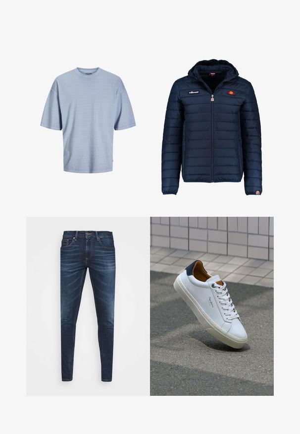 Tumedat sinised puffer jakk kapuutsiga, lukuga suletav, kanalite õmblustega ning logo aktsentidega rinnal ja varrukal. Pehme, tekstuuriga kangas.; Helevalg sinine lühikeste varrukatega t-särk, mis on valmistatud pehmest kangast. Omab ümmargust kaelust ja lõdva lõikega, ning õmmeldud servi. Lihtne disain, mustreid ei ole.; Tumedat sinised teksad kitsas lõikes, kerge kulumisega, viie taskuga ja metallnööbiga sulgemine. Õmmeldud aktsendid kontrastsetes värvides.; Valge nahast tennis, millel on tumesinine konts, ümmargune nina ja kontrastsed pruuni aktsendid. Omab lamepaelti ja tekstureeritud kummist tallat.