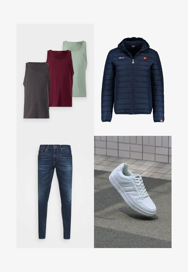 Tengerészkék puffos dzseki kapucnival, cipzáras záródással, csatorna varrással, és logóval díszített mellkassal és ujjakkal. Puha, texturált anyag.; Három ujjatlan póló különböző színekben: sötétszürke, burgundi és világoszöld. Mindegyik sima textúrával és kerek nyakkivágással rendelkezik.; Sötétkék farmernadrág, testhezálló fazonnal, finom áttűnéssel, öt zsebbel és fémből készült gombzárral. Kontrasztos színű varrási díszítések.; Fehér sportcipő sima bőr felsőrésszel, fűzős elülettel, perforált orral és mintázott talppal. Minimalista dizájn három oldalsávval.
