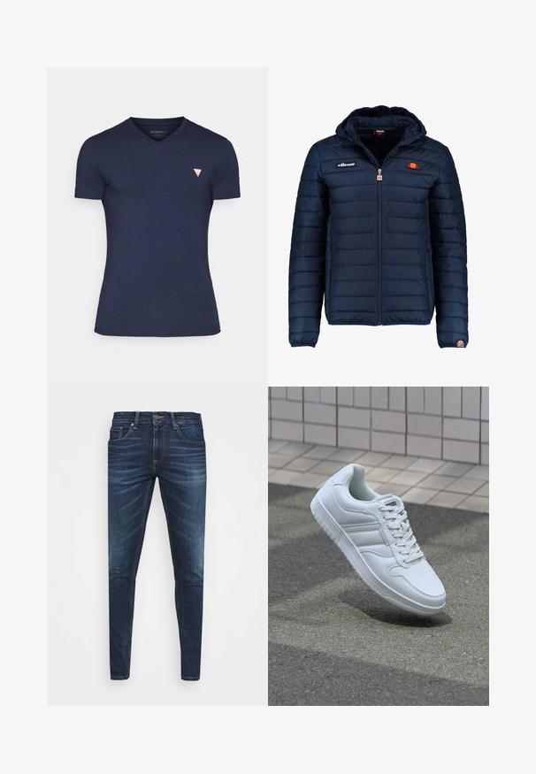 Dunkelblaue Daunenjacke mit Kapuze, Reißverschluss, Kastensteppnähten und Logo-Akzenten auf der Brust und dem Ärmel. Weicher, strukturierter Stoff.; Kornblumenblaues, kurzärmeliges V-Ausschnitt-T-Shirt aus weicher Baumwolle. Mit einem kleinen roten Dreieckslogo auf der linken Brustseite. Glatte Textur.; Dunkelblaue Jeans im Slim Fit mit subtiler Verwaschung, fünf Taschen und einem Metallknopfverschluss. Genähte Akzente in kontrastierender Farbe.; Weiße sportliche Sneaker mit Obermaterial aus glattem Leder, Schnürfront, durchlöchtem Zehenbereich und gemusterter Sohle. Minimalistisches Design mit drei Seitenstreifen.