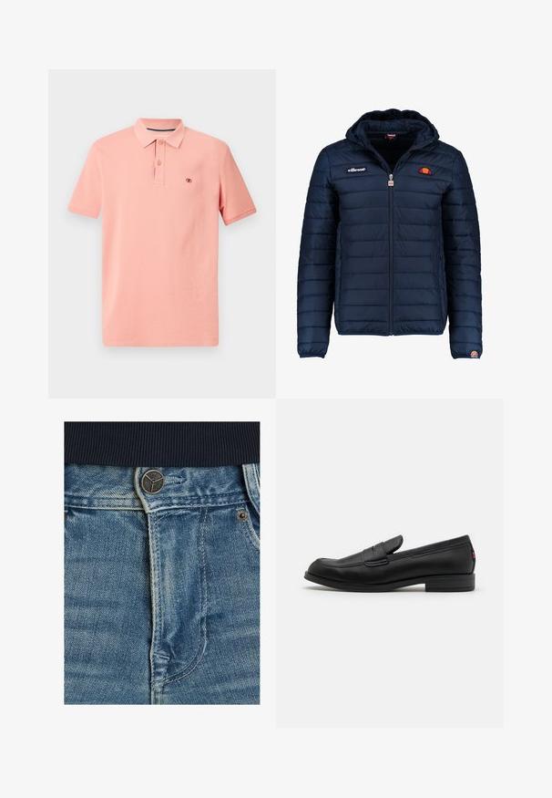 Dunkelblaue Daunenjacke mit Kapuze, Reißverschluss, Kastensteppnähten und Logo-Akzenten auf der Brust und dem Ärmel. Weicher, strukturierter Stoff.; Polo-Shirt in hellem Korallton, aus Baumwolle, mit kurzen Ärmeln, dreiknöpfiger Knopfleiste, dezentem Logo auf der Brust, glatte Textur.; Jeans aus Denim mit einem hellblauen Waschung, kontrastierenden weißen Nähten und einem Metallknopfverschluss an der Taille. Nahaufnahme der Stofftextur.; Schwarze Lederloafer mit glatter Oberfläche, abgerundetem Zehenbereich und einem kleinen dekorativen Riegel. Ausgestattet mit einem niedrigen, gestapelten Absatz und einem dezenten Markenlogo.