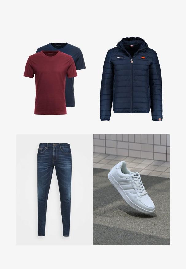 Tengerészkék puffos dzseki kapucnival, cipzáras záródással, csatorna varrással, és logóval díszített mellkassal és ujjakkal. Puha, texturált anyag.; Két kerek nyakú póló egymásra halmozva; az egyik bordó, a másik sötét tengerészkék. Pamutból készült, rövid ujjú és sima textúrájú.; Sötétkék farmernadrág, testhezálló fazonnal, finom áttűnéssel, öt zsebbel és fémből készült gombzárral. Kontrasztos színű varrási díszítések.; Fehér sportcipő sima bőr felsőrésszel, fűzős elülettel, perforált orral és mintázott talppal. Minimalista dizájn három oldalsávval.