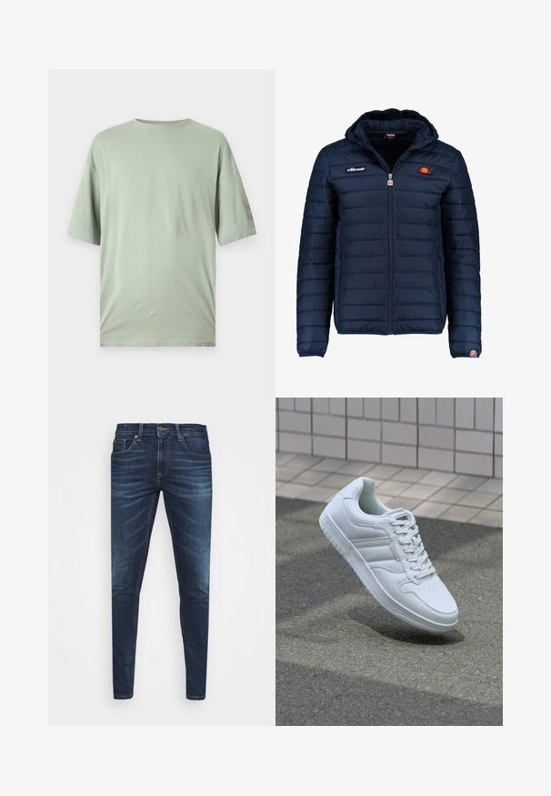 Marineblå puffjakke med hette, glidelås, kanalsøm og logoaksenter på brystet og ermet. Mykt, teksturert stoff.; Lys grønn t-skjorte med kort erme laget av mykt stoff. Har en rund hals og en avslappet passform uten synlige mønstre eller utsmykninger.; Mørkeblå denimjeans med smal passform, subtil falming, fem lommer og metallknaplukking. Sømmer i kontrastfarge.; Hvit atletisk sneaker med glatt skinnoverside, snøring foran, perforert tå og mønstrets såle. Minimalistisk design med tre side-striper.